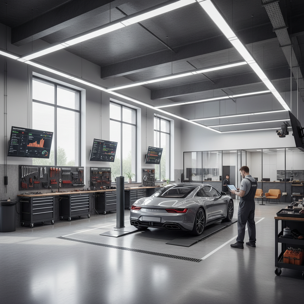 Clean, organized auto repair shop with digital inspection tools