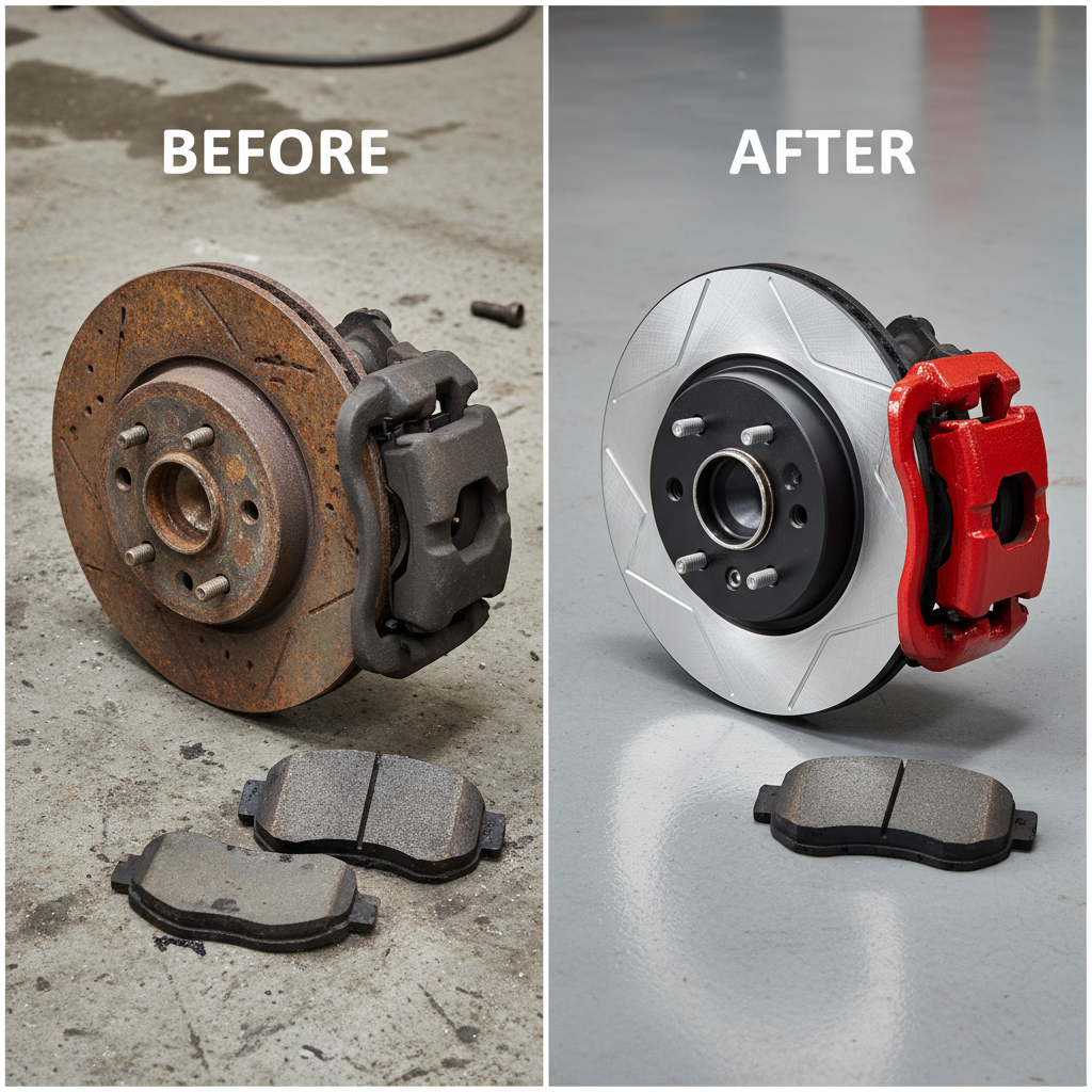 Before and after comparison of brake components showing worn versus new parts