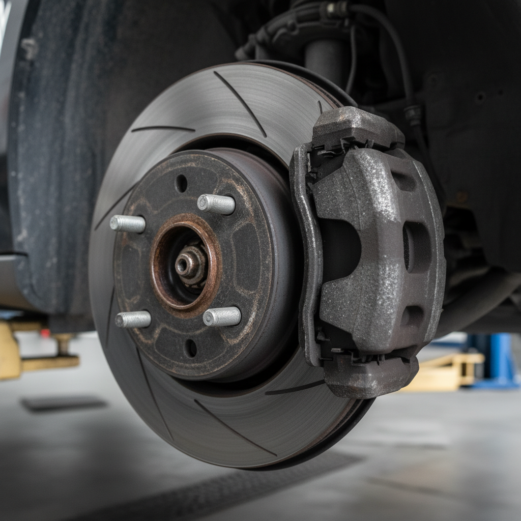 Close-up of a brake caliper and rotor during inspection
