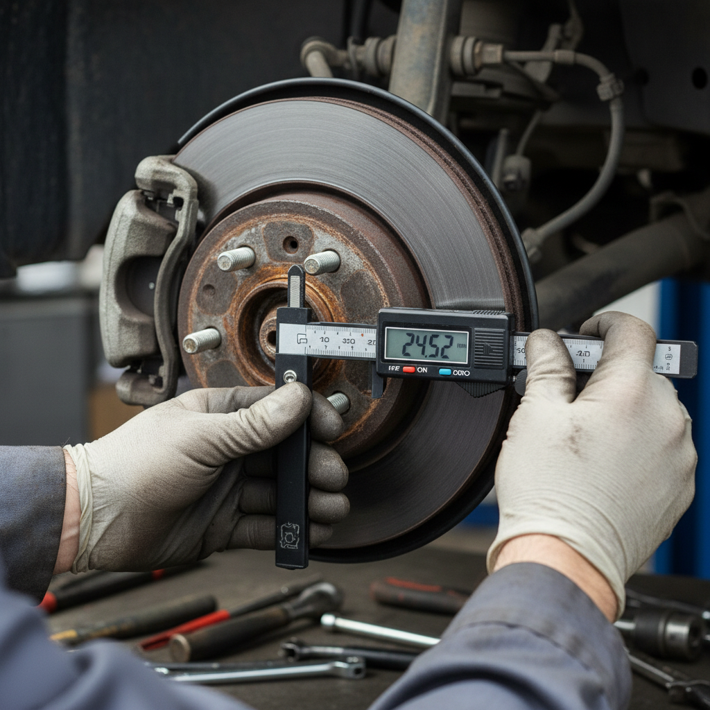 Measuring brake pad and rotor thickness with precision tools