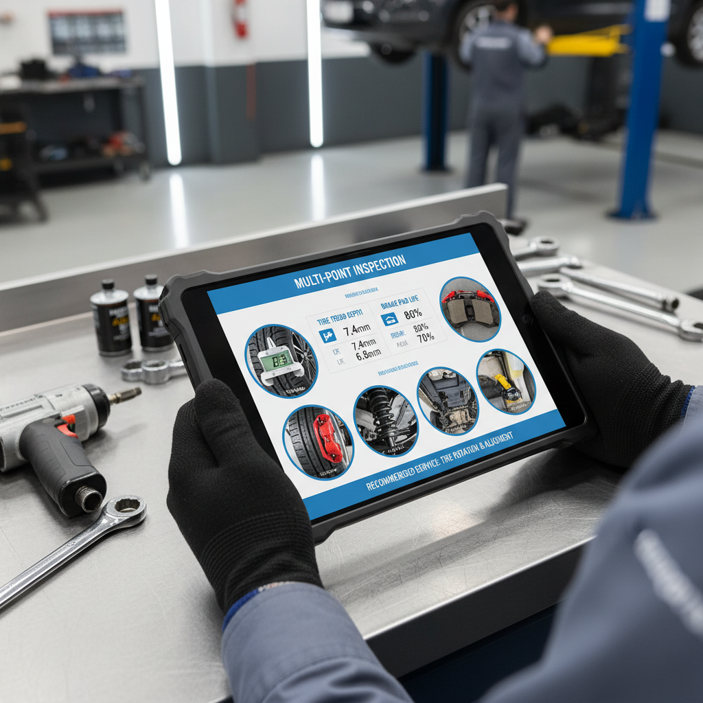 Digital inspection software on a tablet showing categorized vehicle findings