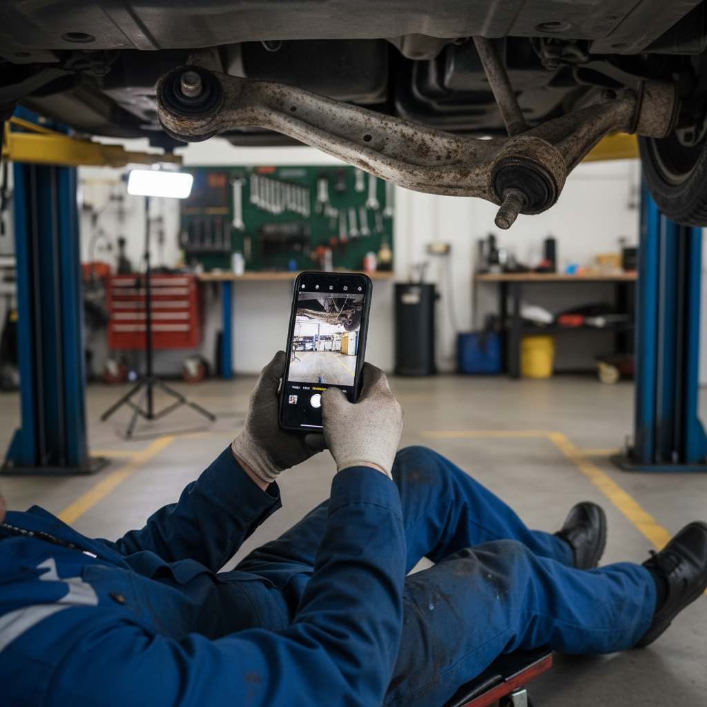Mechanic carefully documenting vehicle findings during an inspection