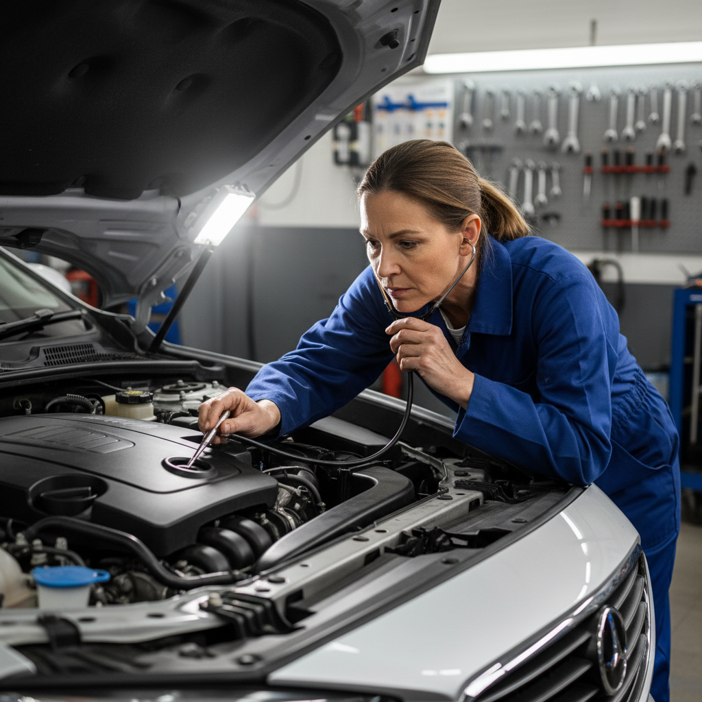 Mechanic using diagnostic equipment to evaluate engine condition