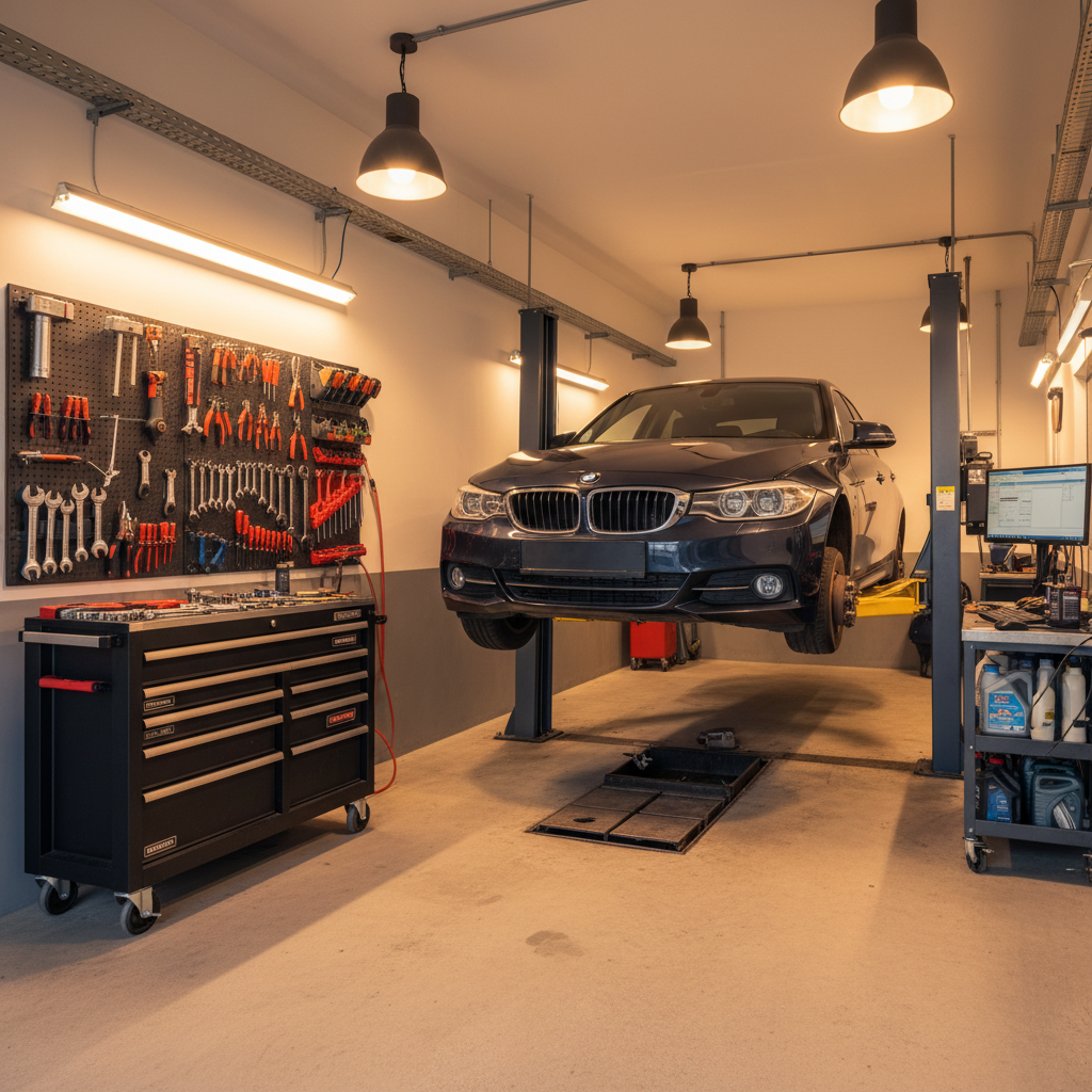 Professional auto repair shop with a mechanic inspecting a vehicle