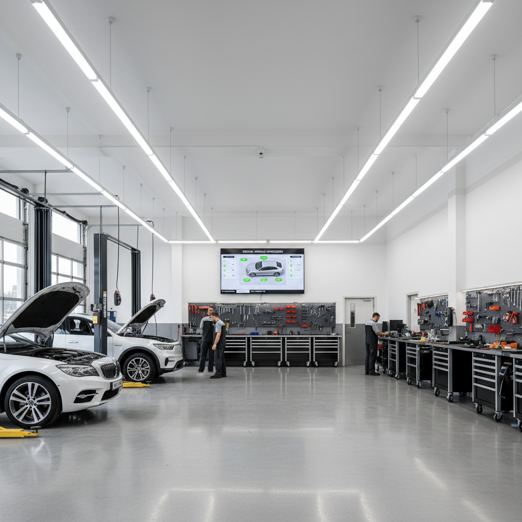 Clean modern auto repair shop interior with organized service bays