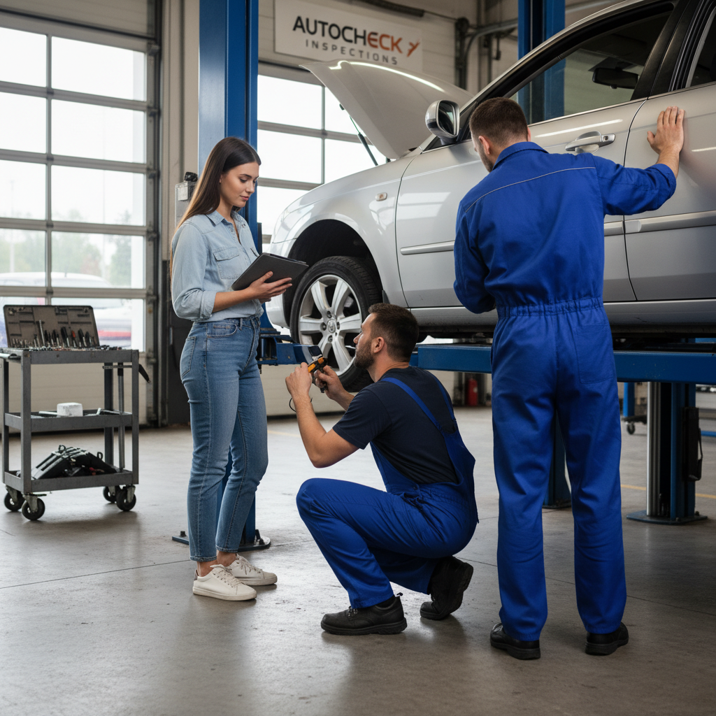 Mechanic inspecting a used vehicle on a lift during a pre-purchase evaluation