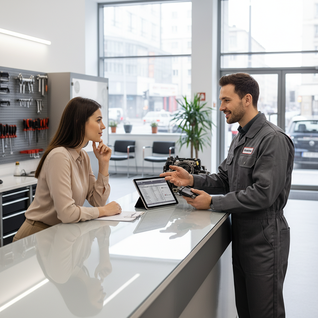 Service advisor having a detailed conversation with a customer about recommended repairs