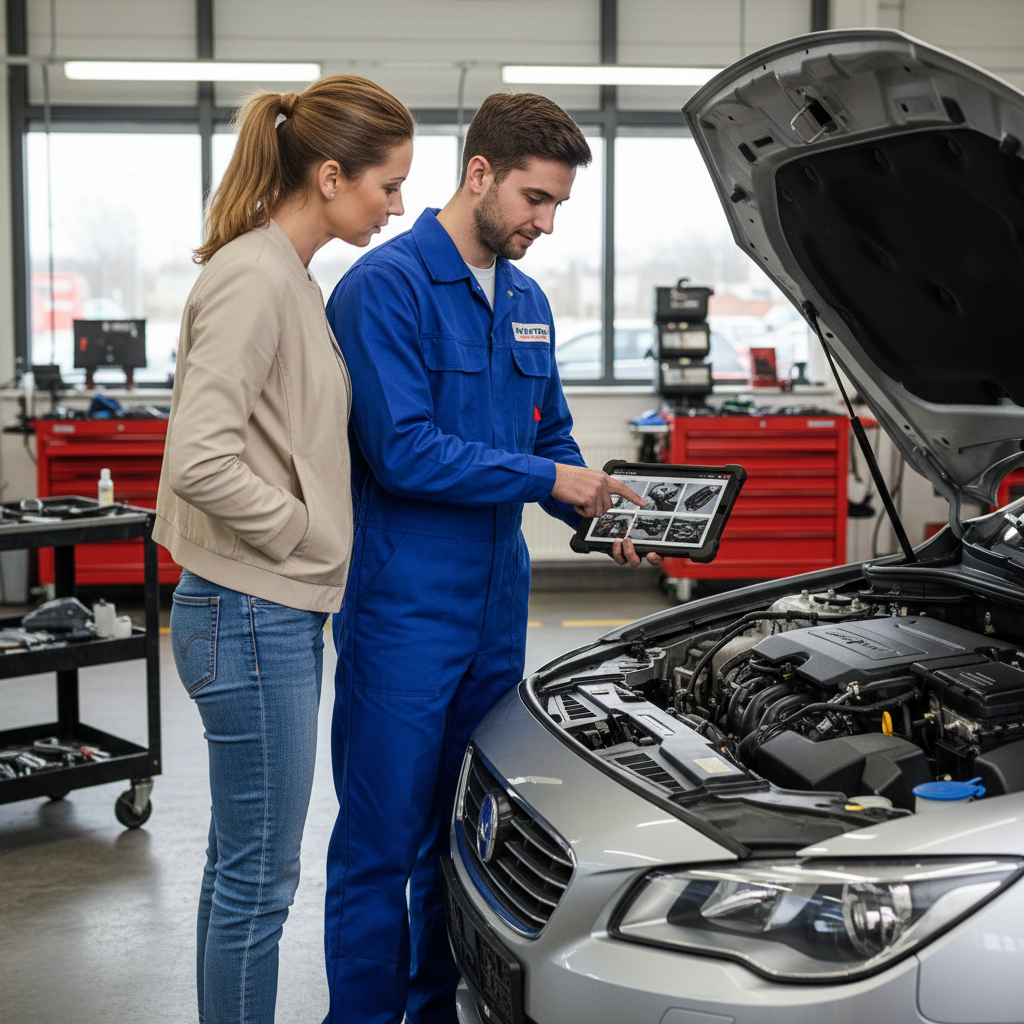 Service advisor reviewing digital inspection results with a vehicle owner