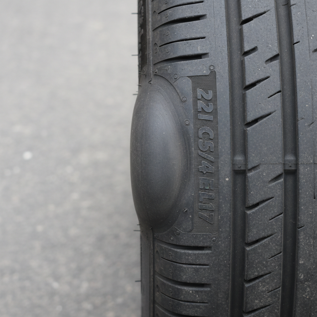 Visible sidewall bulge on a tire indicating internal structural damage