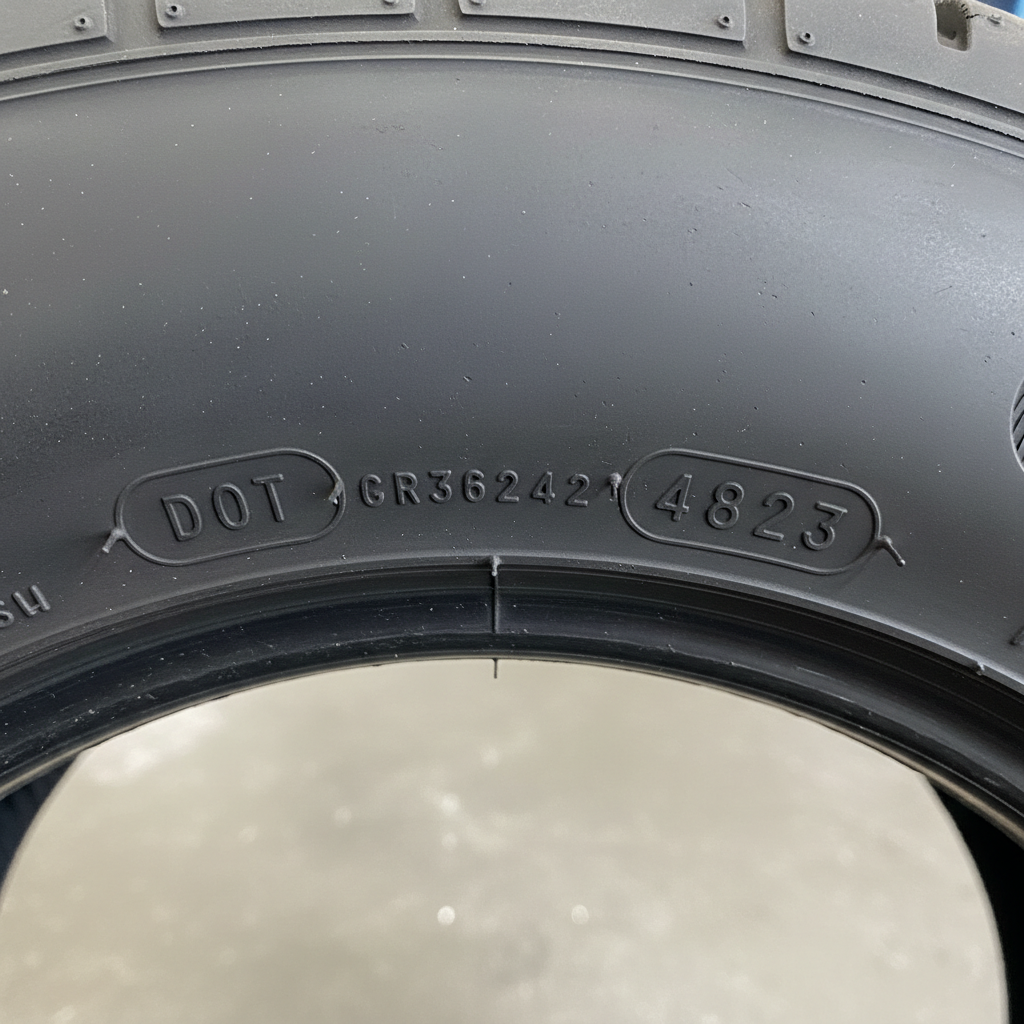 Close-up of a tire sidewall showing the DOT date code