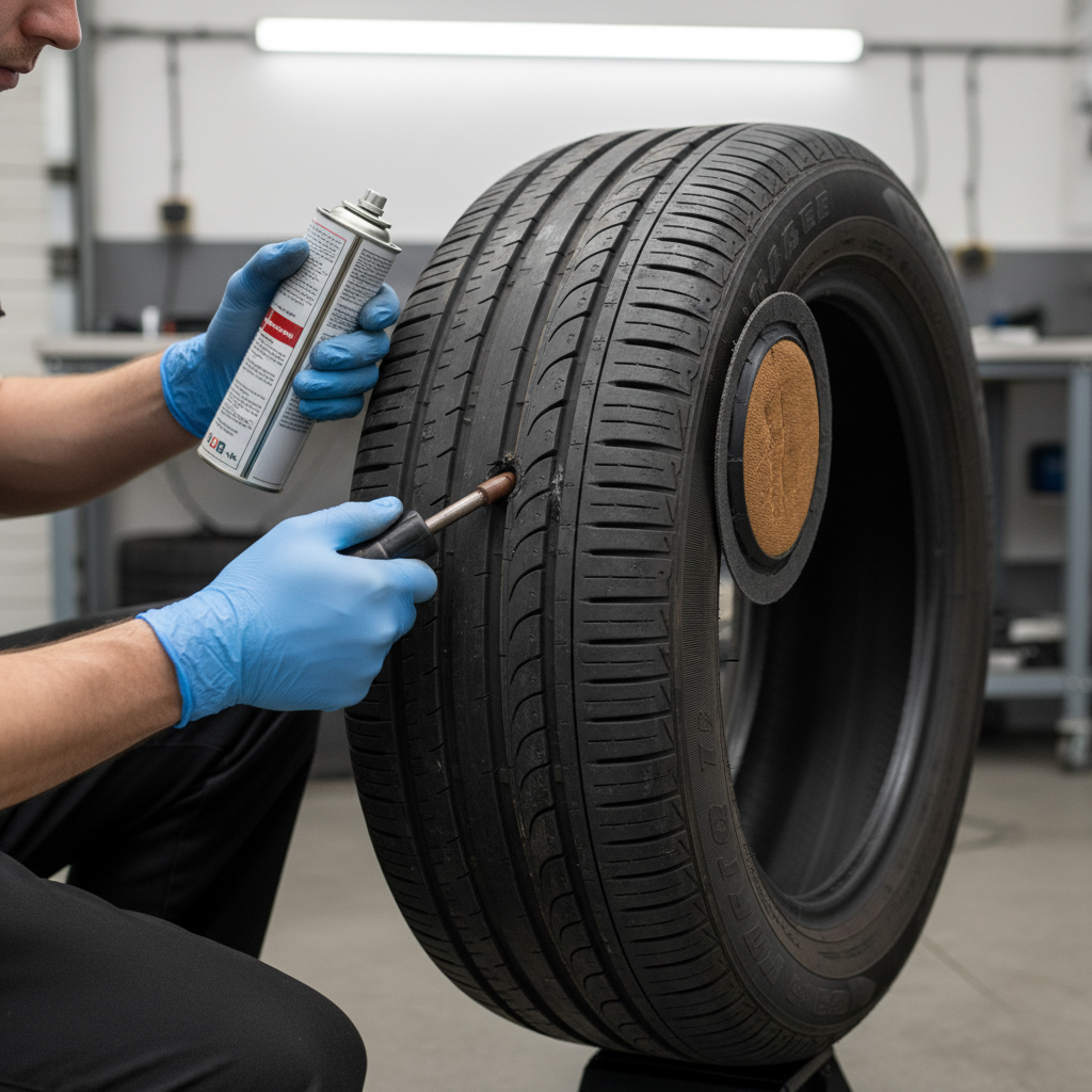Mechanic inspecting a tire for puncture damage before repair