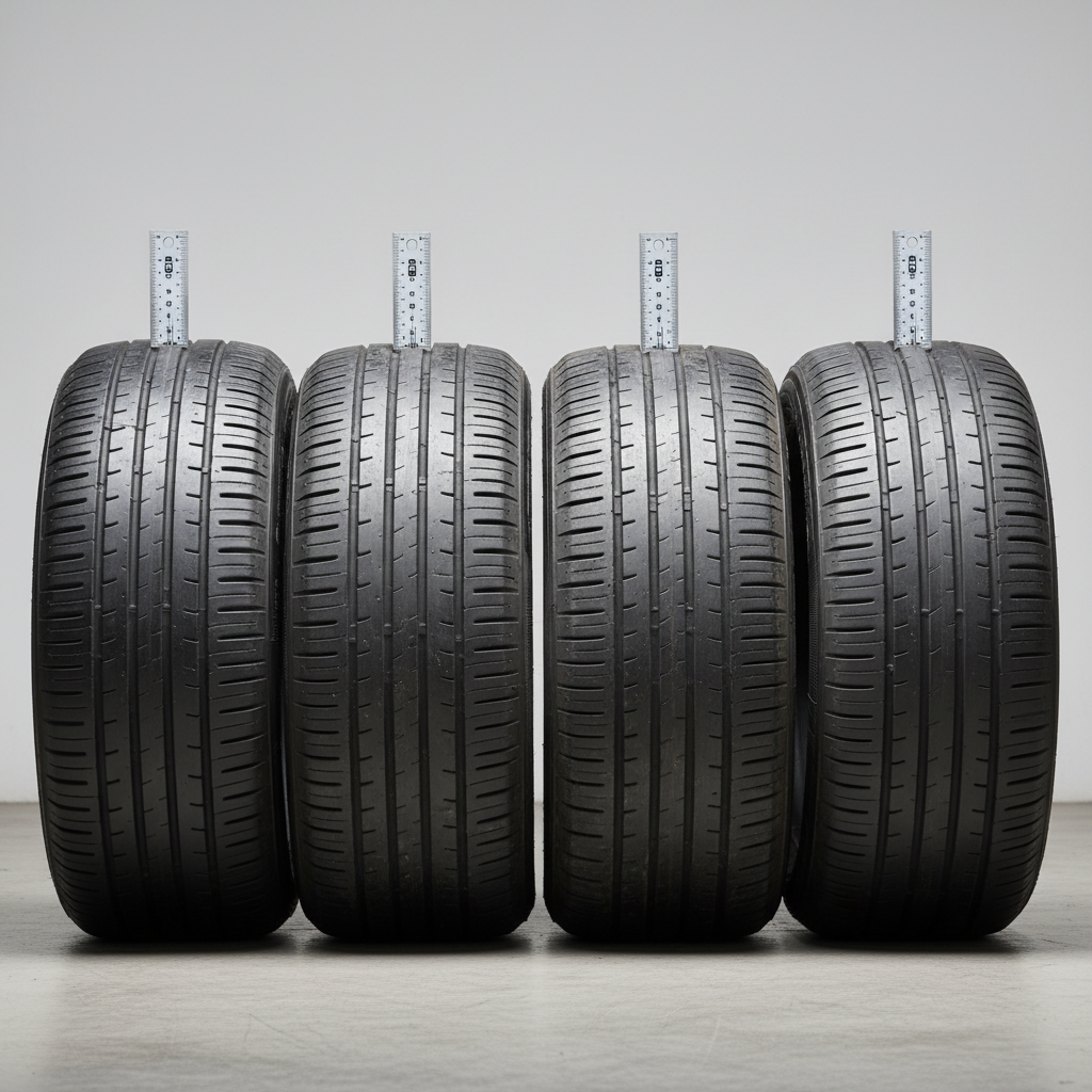 Side-by-side comparison of new tire tread versus worn tire tread
