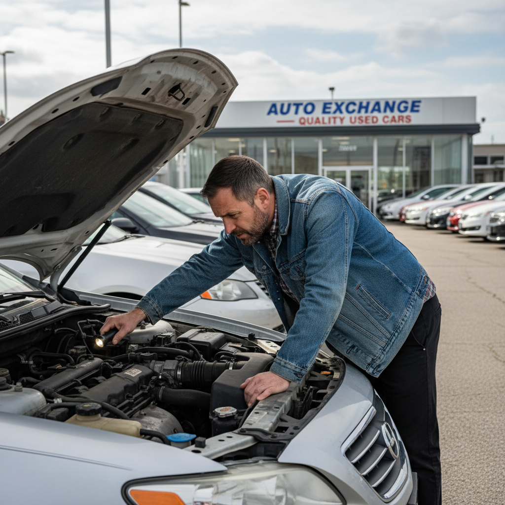 Potential buyer reviewing a vehicle inspection report with a mechanic