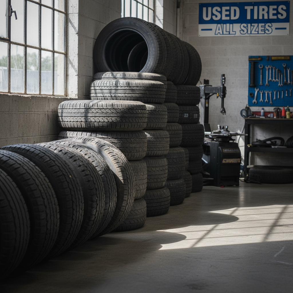 Stacked used tires at a tire shop awaiting inspection and resale