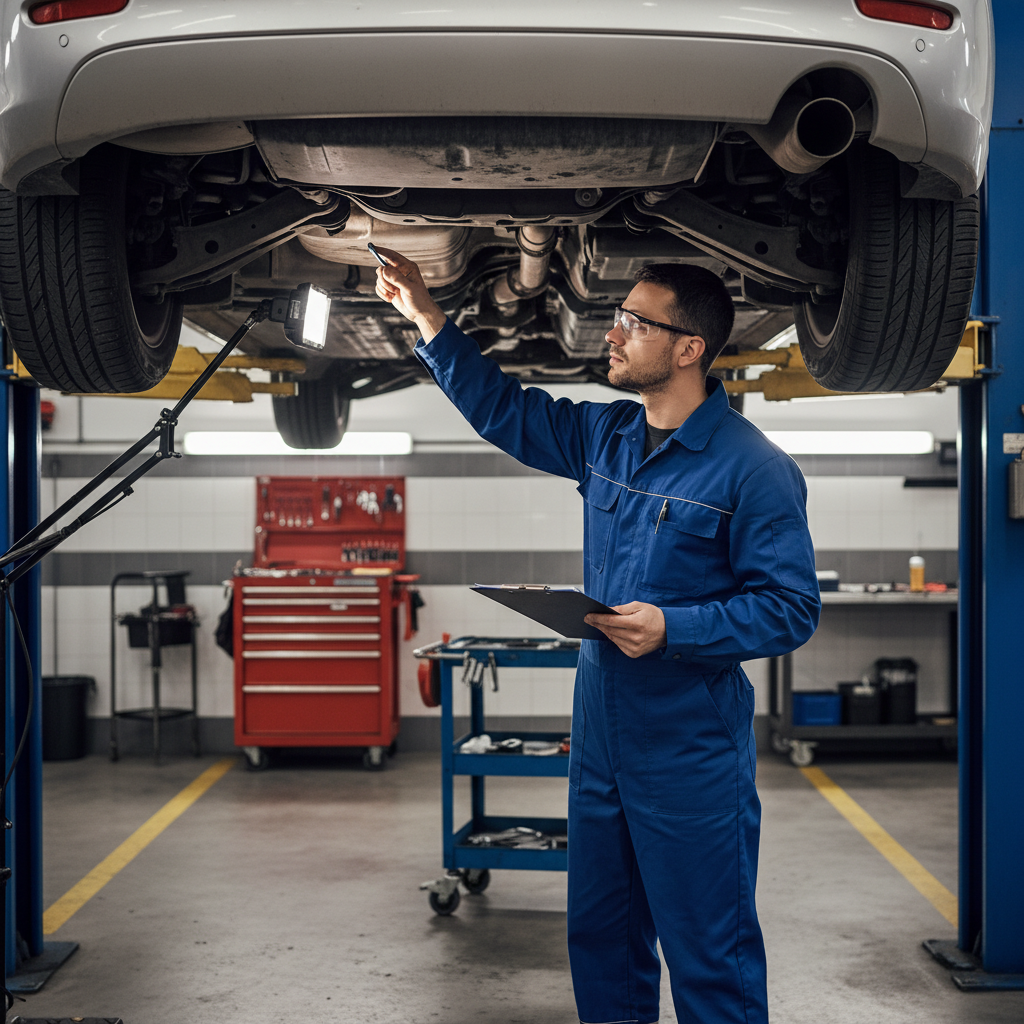 Mechanic inspecting vehicle suspension from underneath on a lift